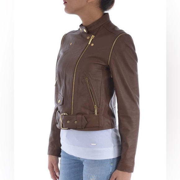Michael Kors Biker 2 in 1 convertible vest brown leather jacket gold hardware - Picture 13 of 15